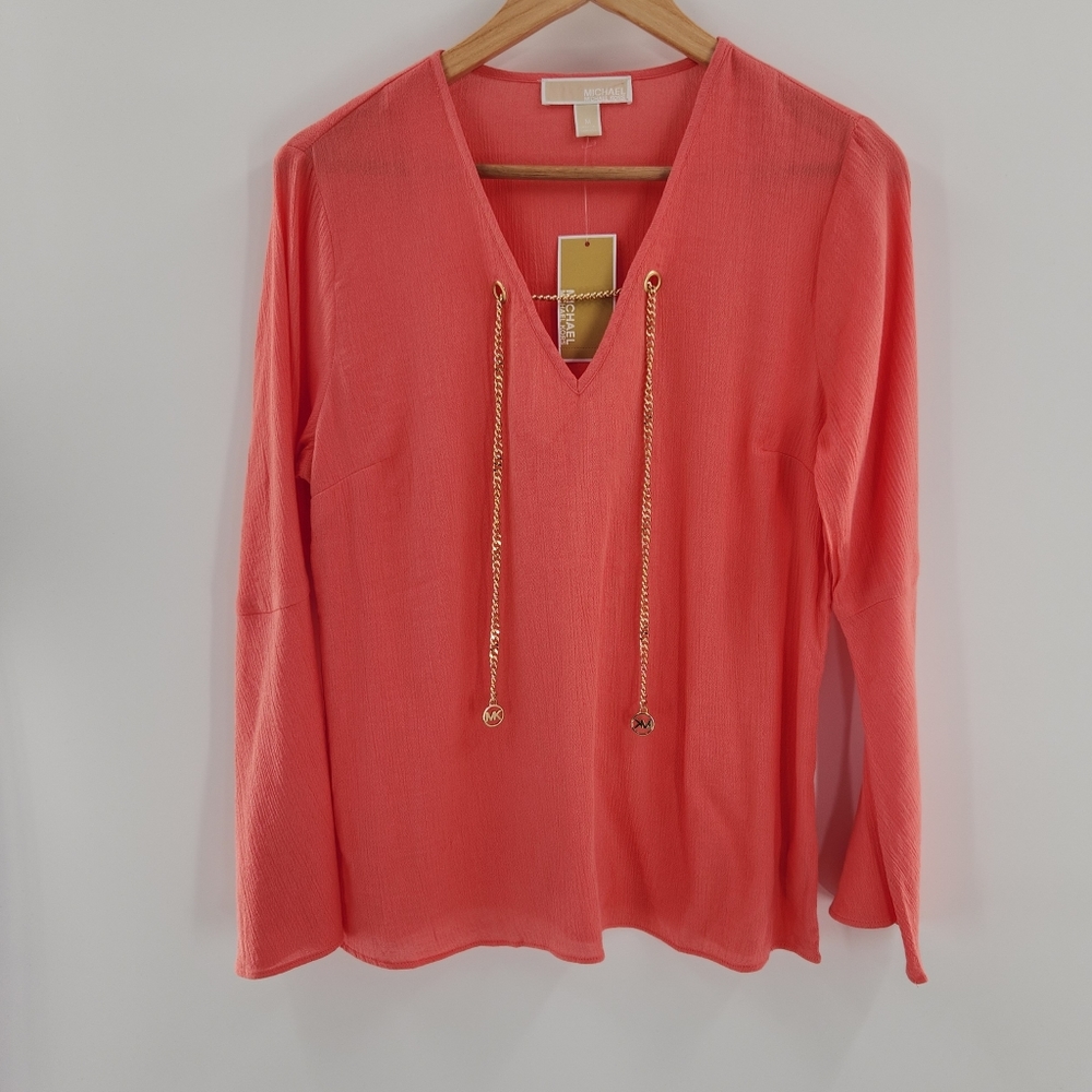 Michael Michael Kors Coral Bell Long Sleeve Gold Chain Tie Womens Size Medium
